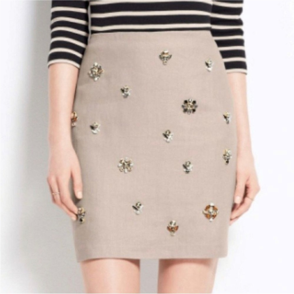 ANN TAYLOR | Jewel Embellished Tan Linen Skirt